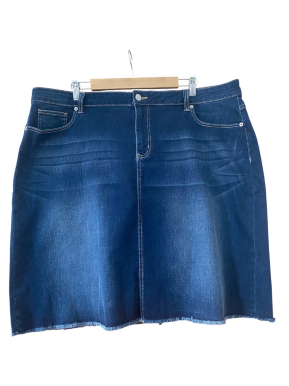 Westport Denim Mini Skirt Size 18 Dark Wash A-Line Raw Fringe Hem Stretch